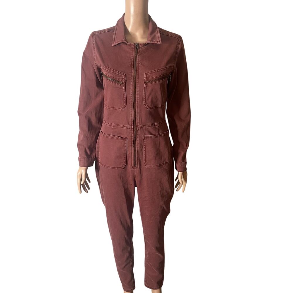 Free People Lennox Solid Jumpsuit Womens Med Brown Maroon Utility Cargo New